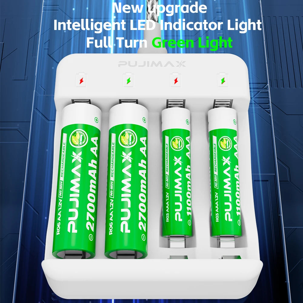 PUJIAMX 4 Slot AA/AAA NI-MH Rechargeable Battery Charger LED Display Batteries Charger +Type C Cable Portable Fast Charging Tool