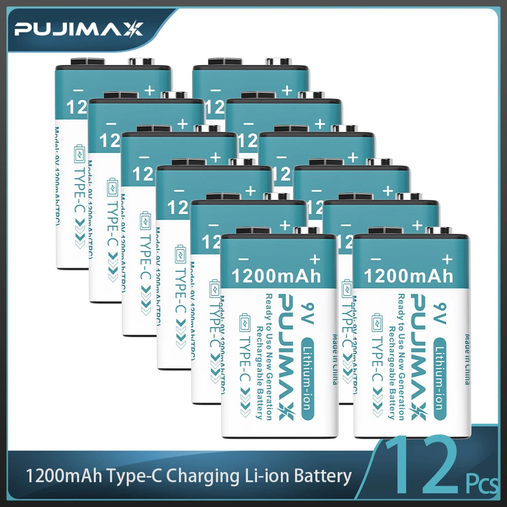 PUJIMAX USB 9V Rechargeable Battery 1200mAh Type-C Rechargeable 9V Li-ion Battery for Helicopeter Model Multimeter Smoke Alarm