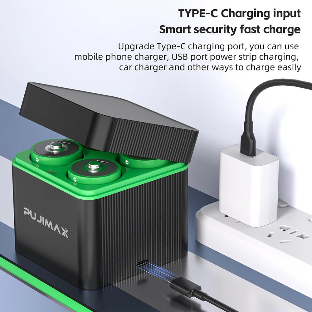 PUJIMAX 10000mWh Rechargeable D Size Batteries 4-slot Charger LR20 Li-ion 1.5V Battery for Gas Appliances Liquefied Gas Cooker