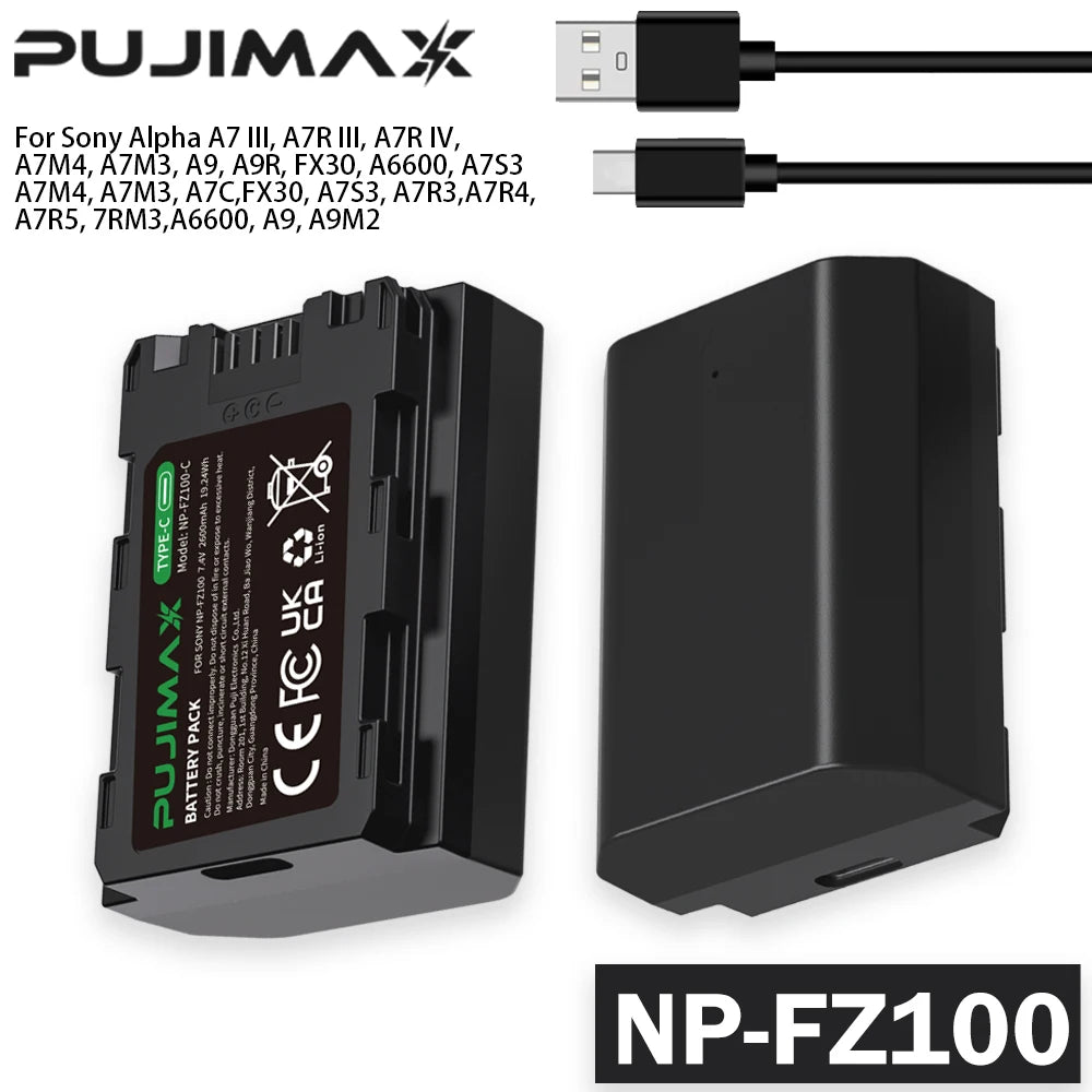 PUJIMAX NP-FZ100 NP FZ100 NPFZ100 Battery with Type-C Cable for Sony A7 III Alpha A7R III A7R IV A7M4 A7M3 A9 A9R FX30 A6600 A7S