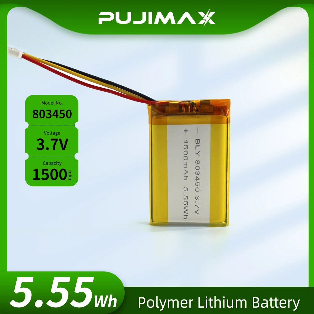 PUJIMAX 3.7V 1500mAh 803450 Li-Polymer LiPo Rechargeable Battery With PH 1.25mm 3pin Connector For MP3 DVD PAD Camera GPS Laptop