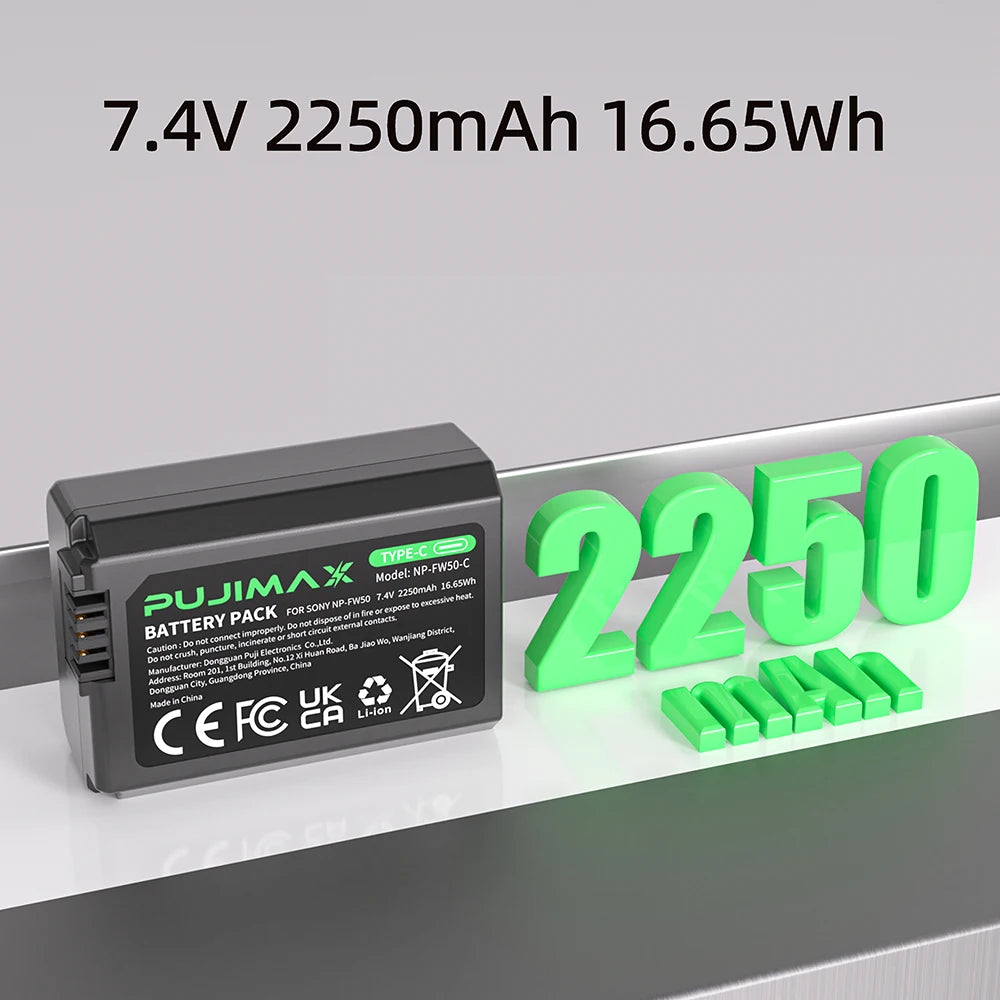 PUJIMAX New 2250mAh NP-FW50 NPFW50 Battery For Sony ZV-E10 Alpha A6400 A6000 A6300 A6500 A5100 A7 A7II A7RII A7SII A7S A7S2 A7R