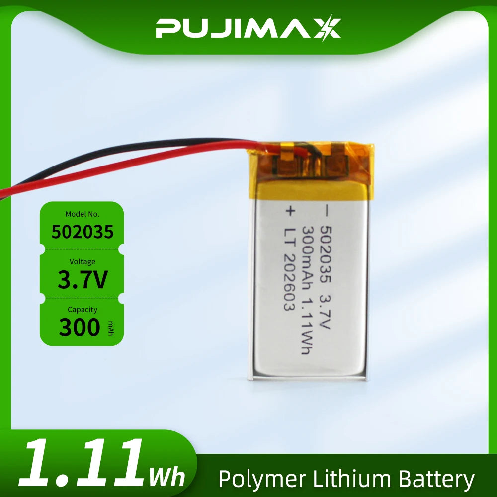 PUJIMAX Real Capacity 502035 3.7V 300mAh Lipo Cells Lithium Polymer Rechargeable Battery for Beauty Instrument GPS LED Light