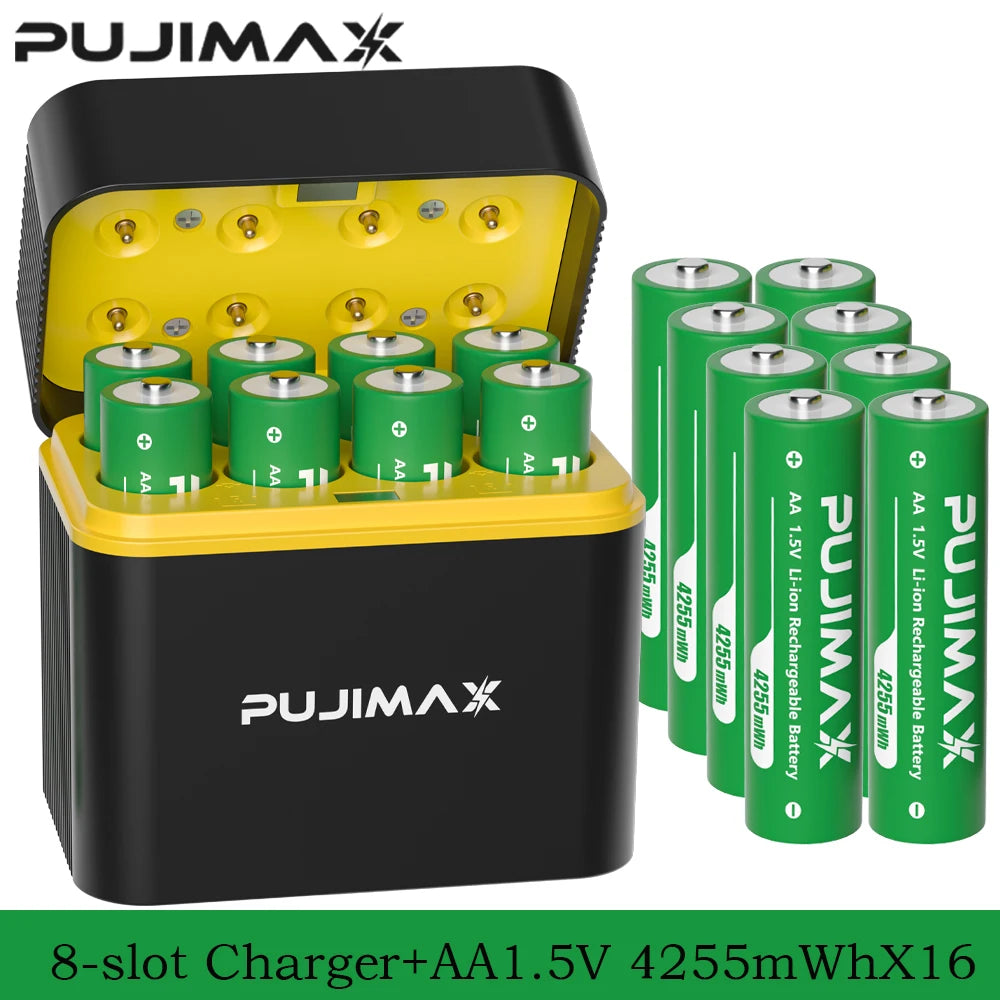 PUJIMAX High Capacity 4255mWh Rechargeable Lithium Battery  AA Lithium-ion Batteries with Quick Charging Portable Charger Box