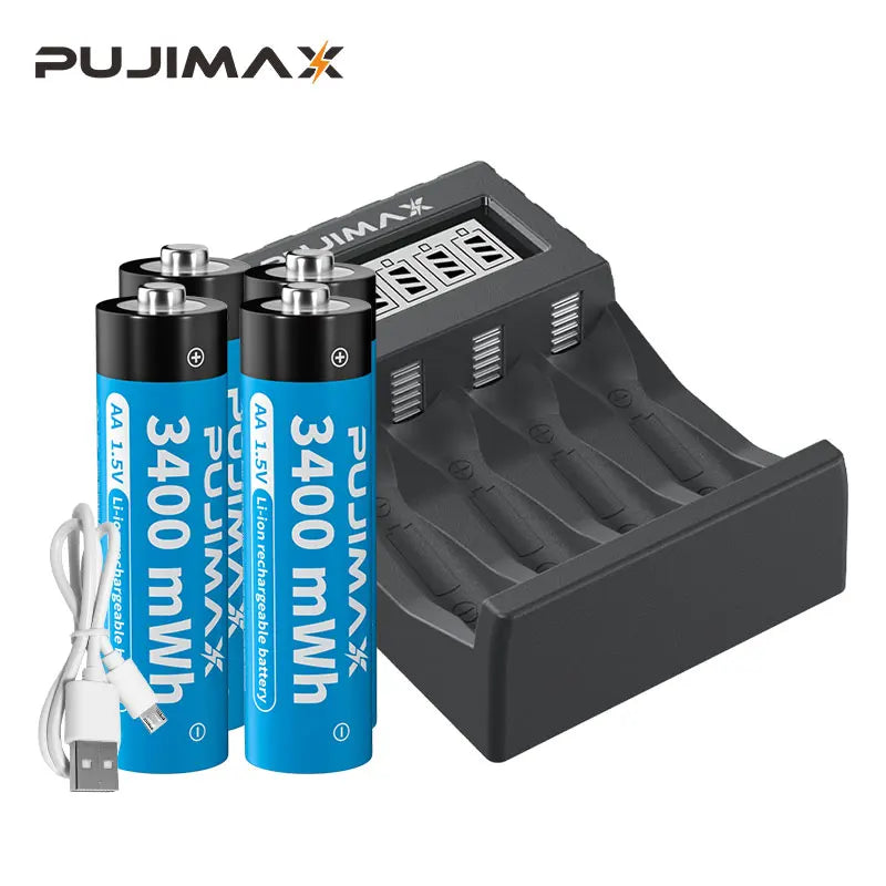 PUJIMAX 1.5V AA Rechargeable Lithium-ion 3400mWh Battery Large Capacity For Cameras Electric Toys With LCD Smart Battery Charger