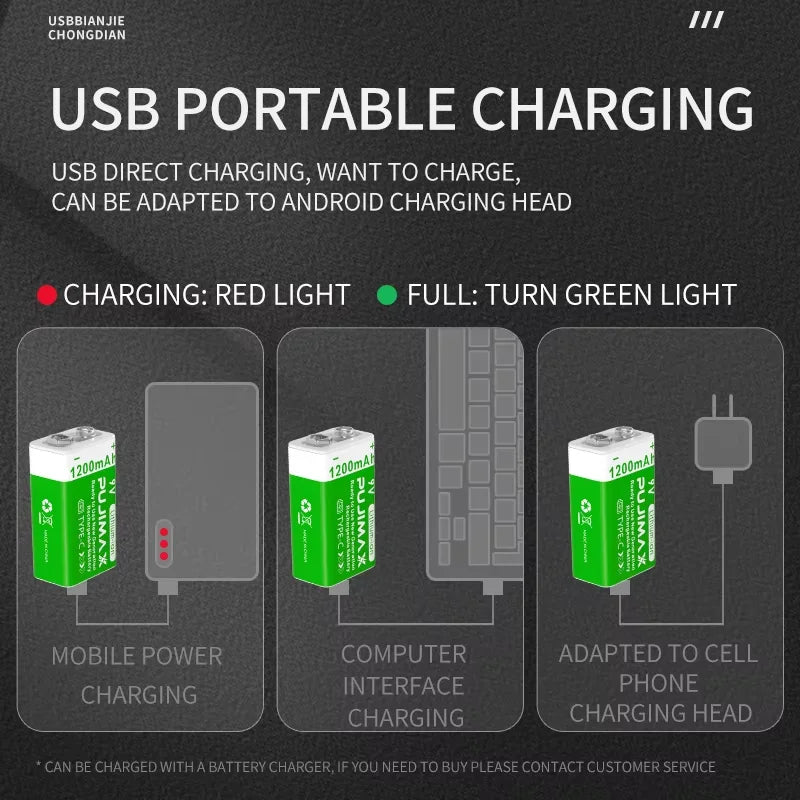 PUJIMAX 9v 1200mAh High Capacity Usb-C Lithium ion Battery Rechargeable Battery with Type-c Cable for Toys Remote Control Camera