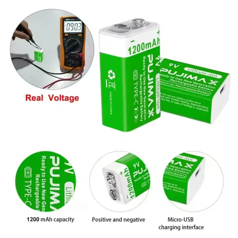 PUJIMAX 9v 1200mAh High Capacity Usb-C Lithium ion Battery Rechargeable Battery with Type-c Cable for Toys Remote Control Camera