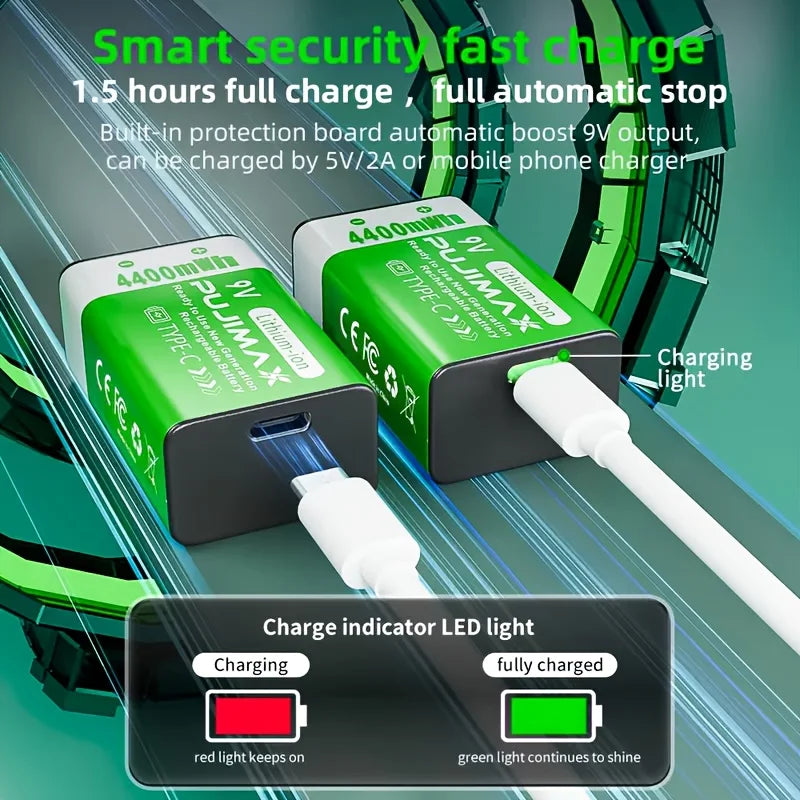 PUJIMAX USB-C Rechargeable Lithium Battery 9V 4400mWh High Capacity Durable Square Battery Digital Multimeters Wireless Doorbell