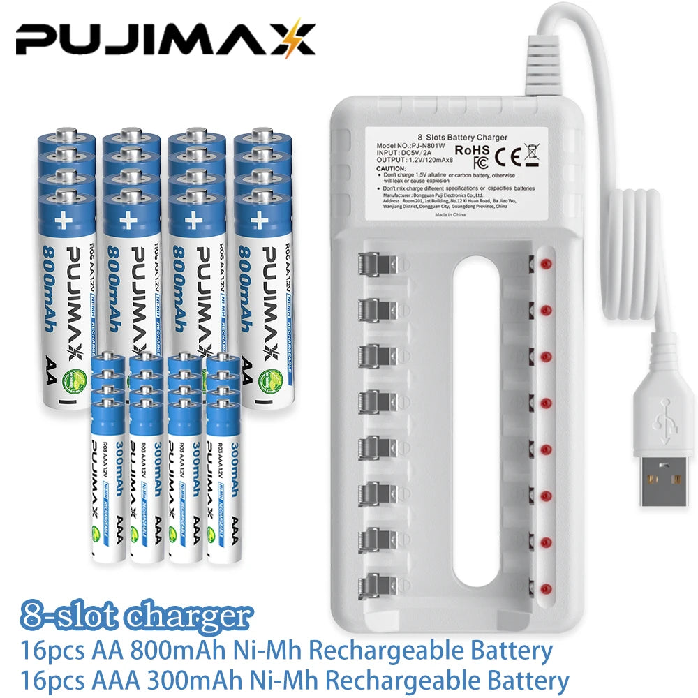 PUJIMAX 800mAh 1.2V AA Rechargeable Batteries 300mAh AAA NI-MH Battery for Toy Garden Landscaping Solar Light+Battery Charger