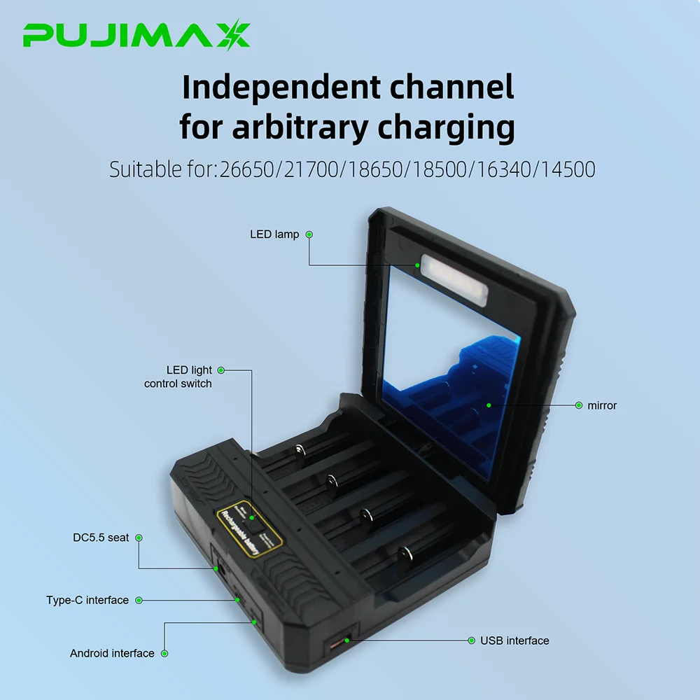 PUJIMAX 18650 Battery Charger Multi Munctional Solar Type C Intelligent Lithium Battery Holder For 18650 Battery Boxs Power Bank