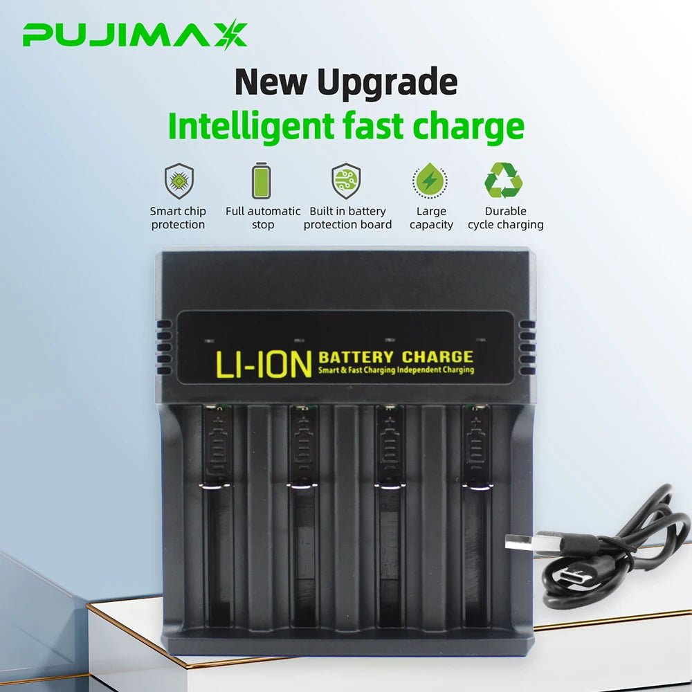 PUJIMAX 2/4 Slots Battery Charger for 3.7V 18650,21700,20700,26650,14500,16340 Li-Ion Batteries Short Circuit Pratection Charger