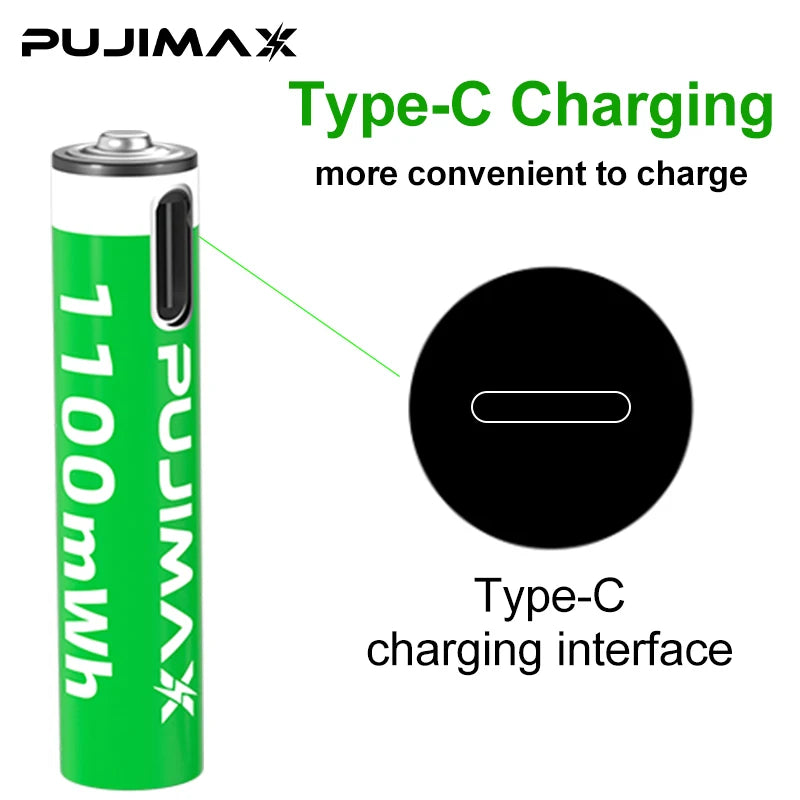 PUJIMAX 1.5V AAA 1100mWh Li-ion Rechargeable Battery Real Capacity Lithium Battery USB Type C Li-ion Batteries For Alarm Clock
