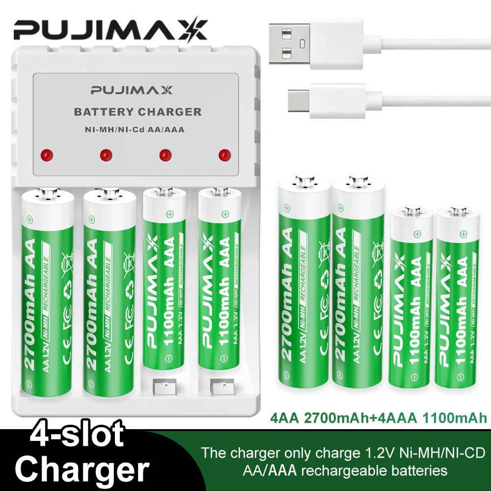 PUJIMAX AAA Rechargeable Batteries High Capacity 2700mAh /1100mAh 1.2V Ni-MH AA/AAA Battery for Clocks Mice Toys+Battery Charger