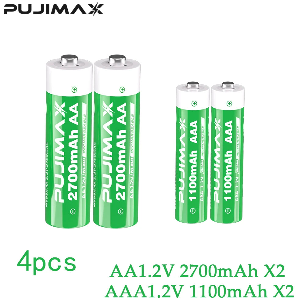 PUJIMAX 4-Slot AA And 4-Slot AAA NiMH Charging Case Equipped with 4pcs 1.2V AA2700mAh+4pcs 1.2V AAA1100mAh Rechargeable Battery