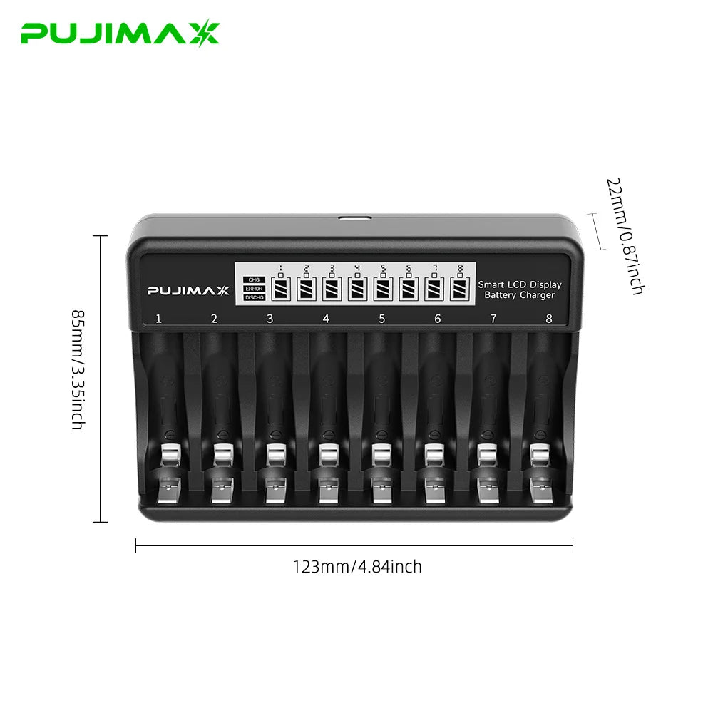 PUJIMAX 4/8slot AAA/AA Battery Charger for 1.5V Li-ion Rechargeable Battery Short Circuit Protect LCD Display Li-ion USB Charger