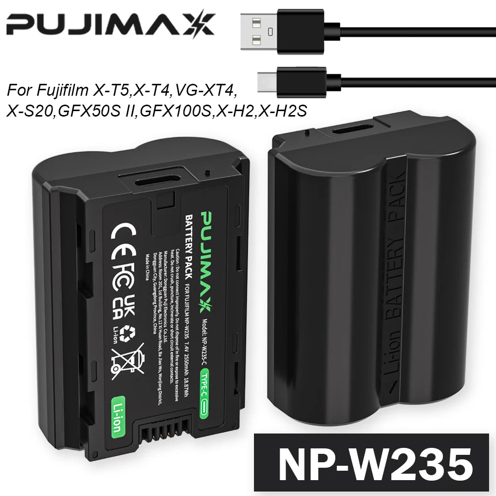 PUJIMAX 2600mAh NP-W235 NP W235 Battery USB-C Rechargeable Camera Battery For Fujifilm X-T5 X-T4 GFX 100S X-H2S X-S20 GFX 50S II