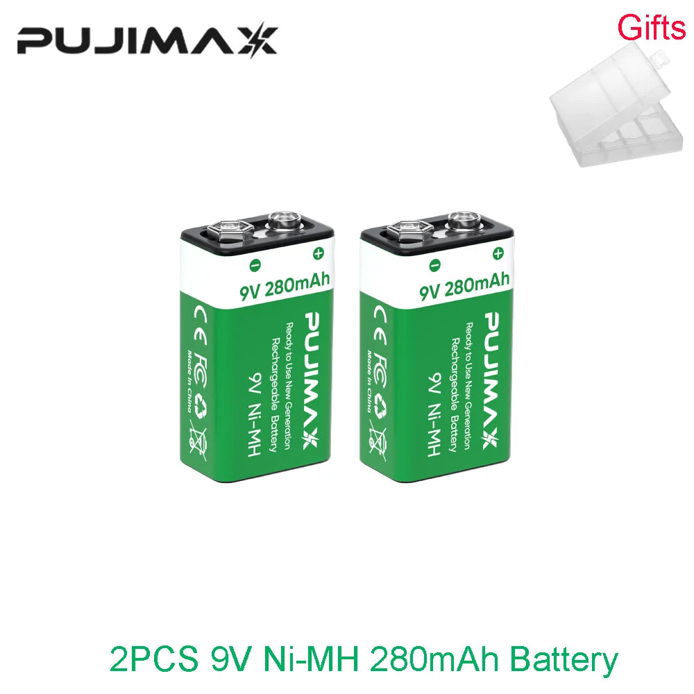 PUJIMAX 9V Rechargeable Battery+Charger 280mAh Ni-MH Batteries for Multimeter Microphone Toy Remote Control Guitar Smoke Alarm
