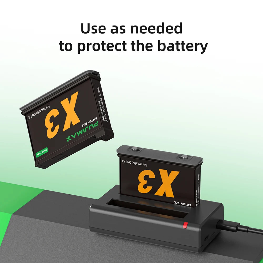 PUJIMAX High Capacity 2000mAh Battery For Insta360 X3 Camera+2-Slot LED fast charger For Insta360 ONE X3 Action Camera Accessory