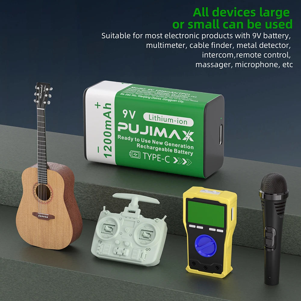PUJIMAX 9V Rechargeable Lithium Battery 1200mAh with Type-C USB Rechargeable Batteries 6F22 for Multimeter Microphone Toy Guitar