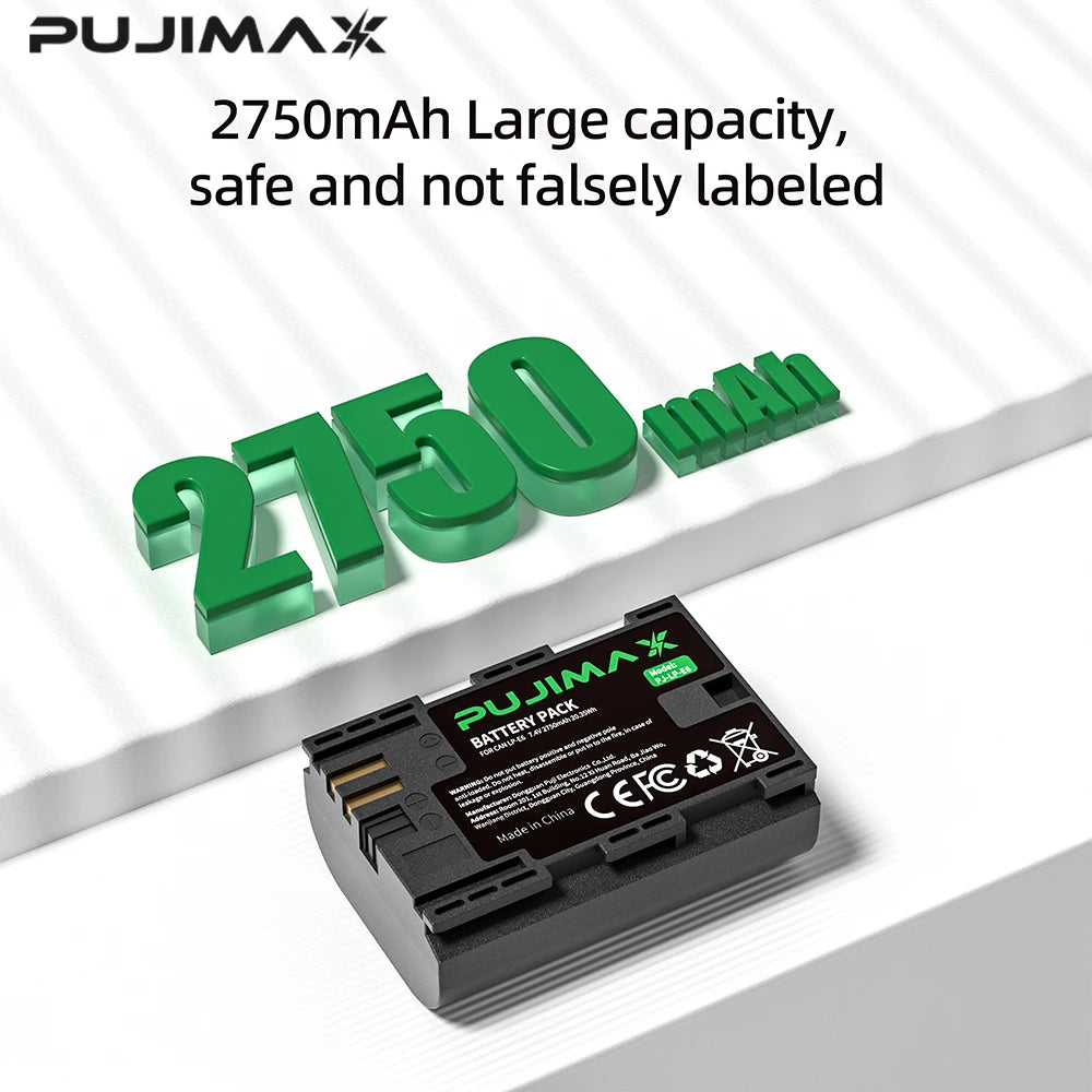 PUJIMAX 2750mAh LP E6 LPE6 LP-E6 E6N Battery + LED Dual Charger For Canon EOS 5DS R 5D Mark II 5D Mark III 6D 7D 70D 80D Camera