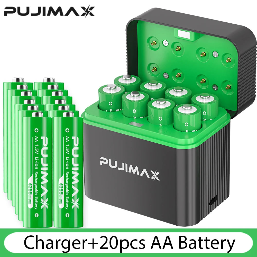 PUJIMAX AA Smart Charging Compartment 8 Slot 1.5V 4255mWh Lithium Battery Rechargeable Charger Set Large Capacity
