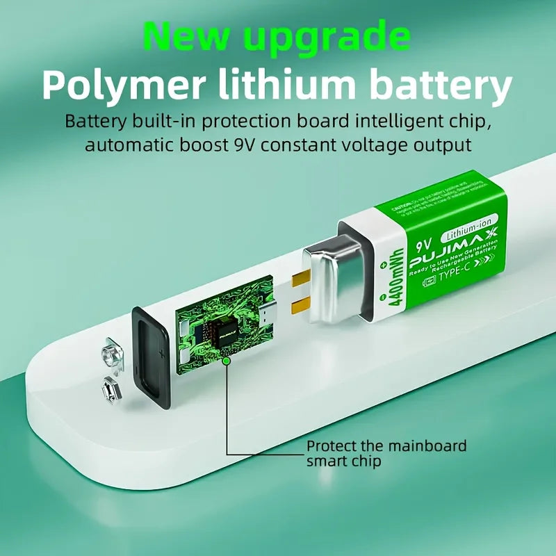PUJIMAX USB-C Rechargeable Lithium Battery 9V 4400mWh High Capacity Durable Square Battery Digital Multimeters Wireless Doorbell