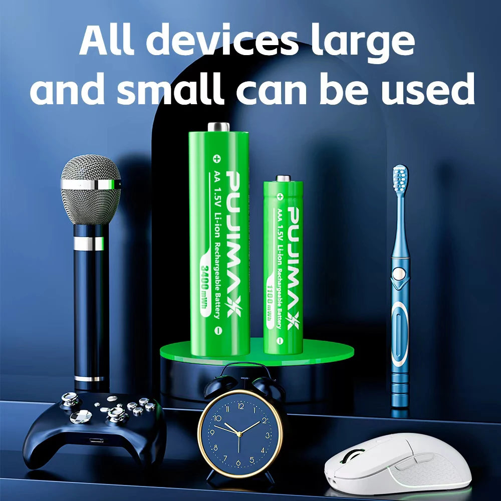 PUJIMAX Rechargeable Battery 1.5V AA 3400mWh+AAA 1100mWh Lithium-ion Battery for Computer Clock Radio Video Game Digital AA AAA