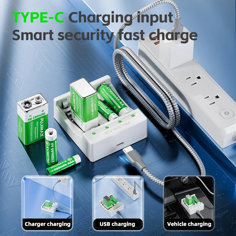 PUJIMAX  9V/AA/AAA Battery Charger For NI-MH /NI-CD AA AAA 1.2V Rechargeable Battery 4 Slots 9V Ni-MH Indicator Battery Charger