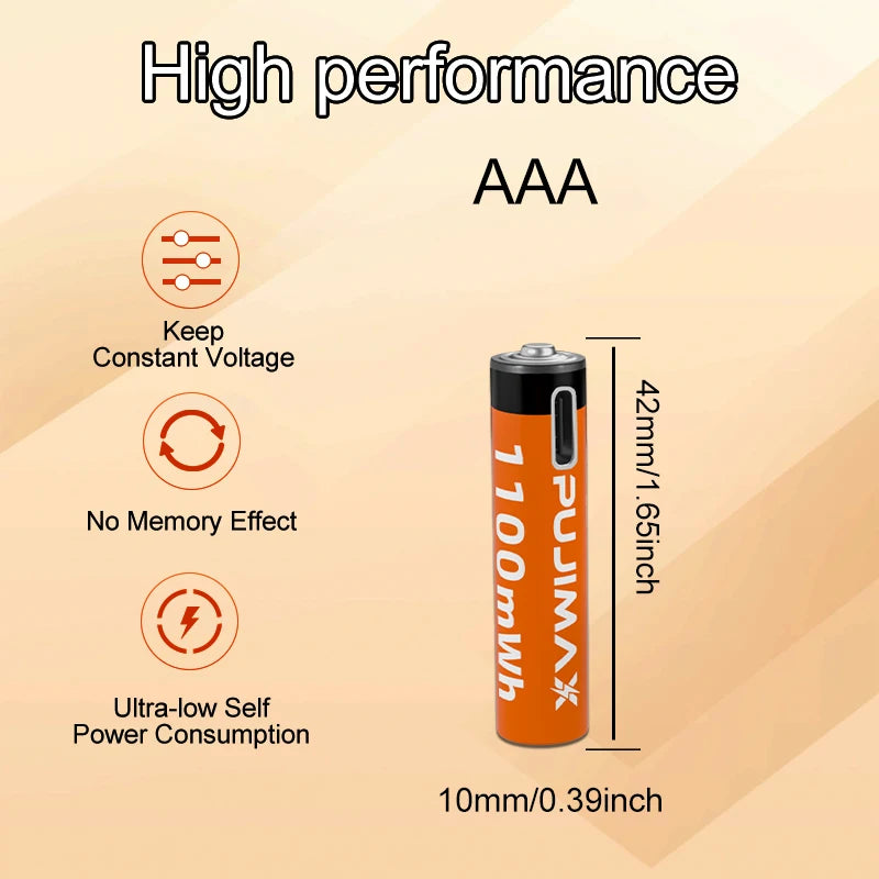 PUJIMAX 1.5V AAA 1100mWh Li-ion Rechargeable Battery High Capacity Lithium Battery USB Type C Li-ion Batteries For Alarm Clock