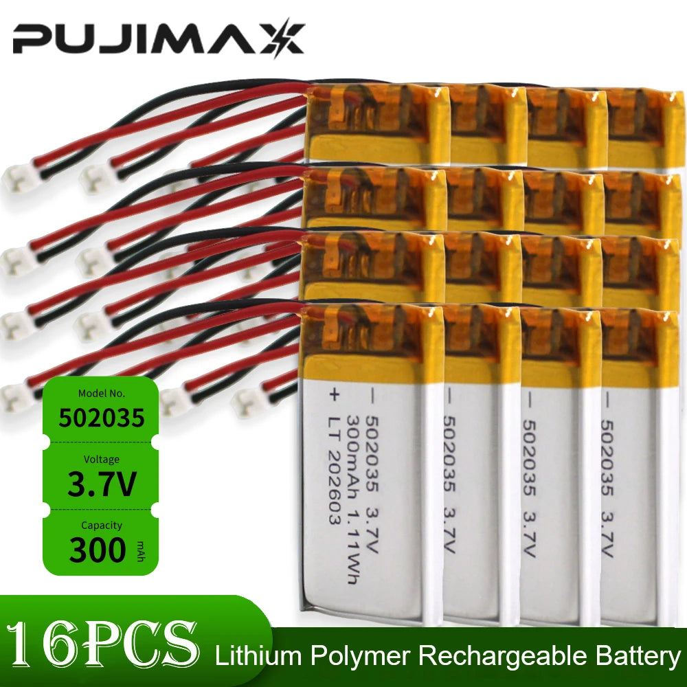 PUJIMAX Real Capacity 502035 3.7V 300mAh Lipo Cells Lithium Polymer Rechargeable Battery for Beauty Instrument GPS LED Light