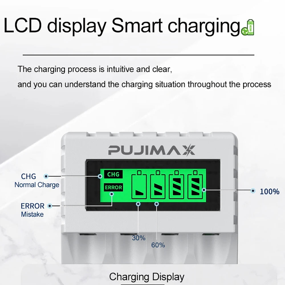 PUJIAMX AA/AAA Rechargeable Battery Charger LCD Display Portable Type C Cable Battery Charger for 1.2v AA/AAA Ni-MH Batteries