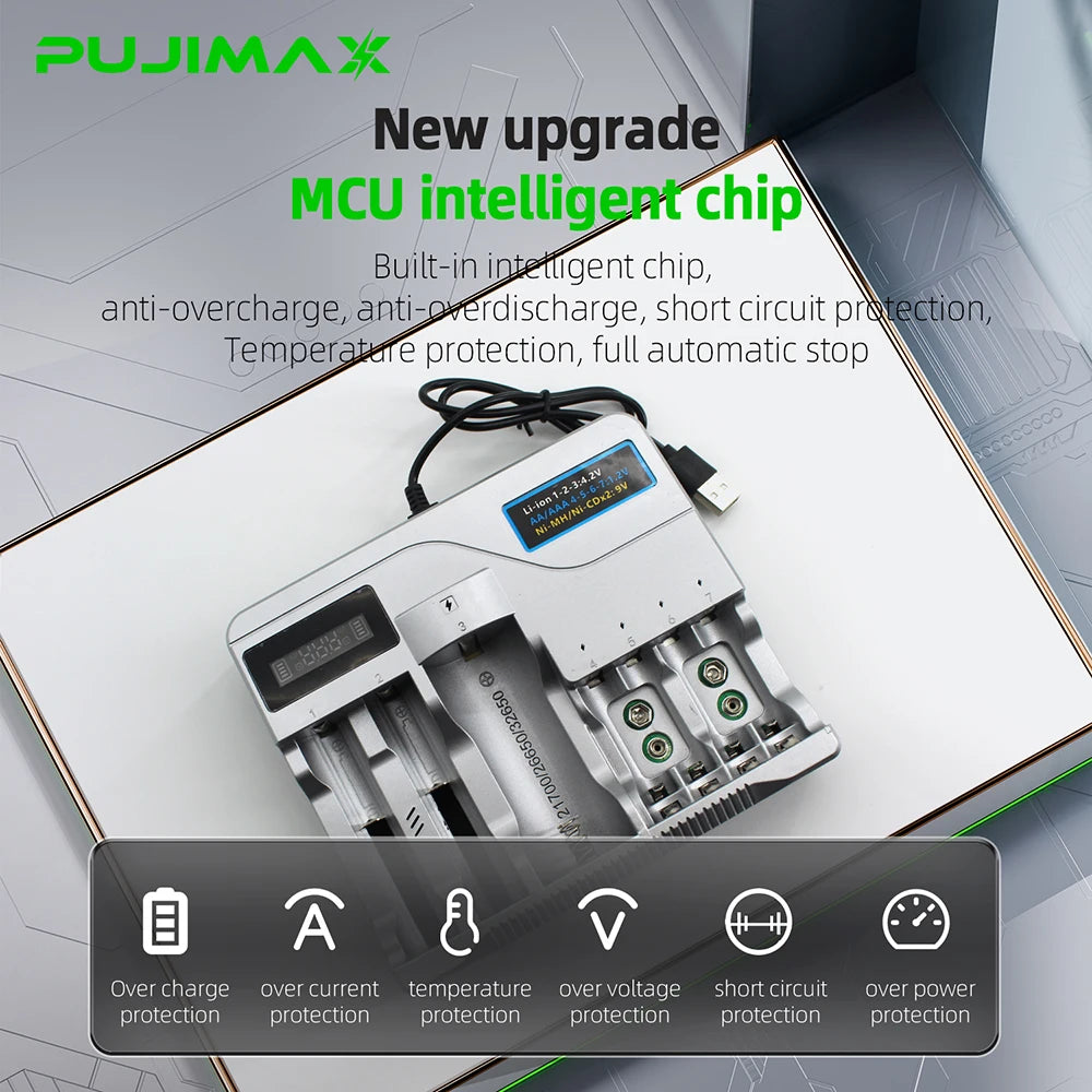 PUJIMAX Intelligent Battery Charger for 4.2V 18650/16340/14500/21700/26650/32650 Battery and 1.2V Ni-MH/Ni-Cd AA AAA 9V Battery