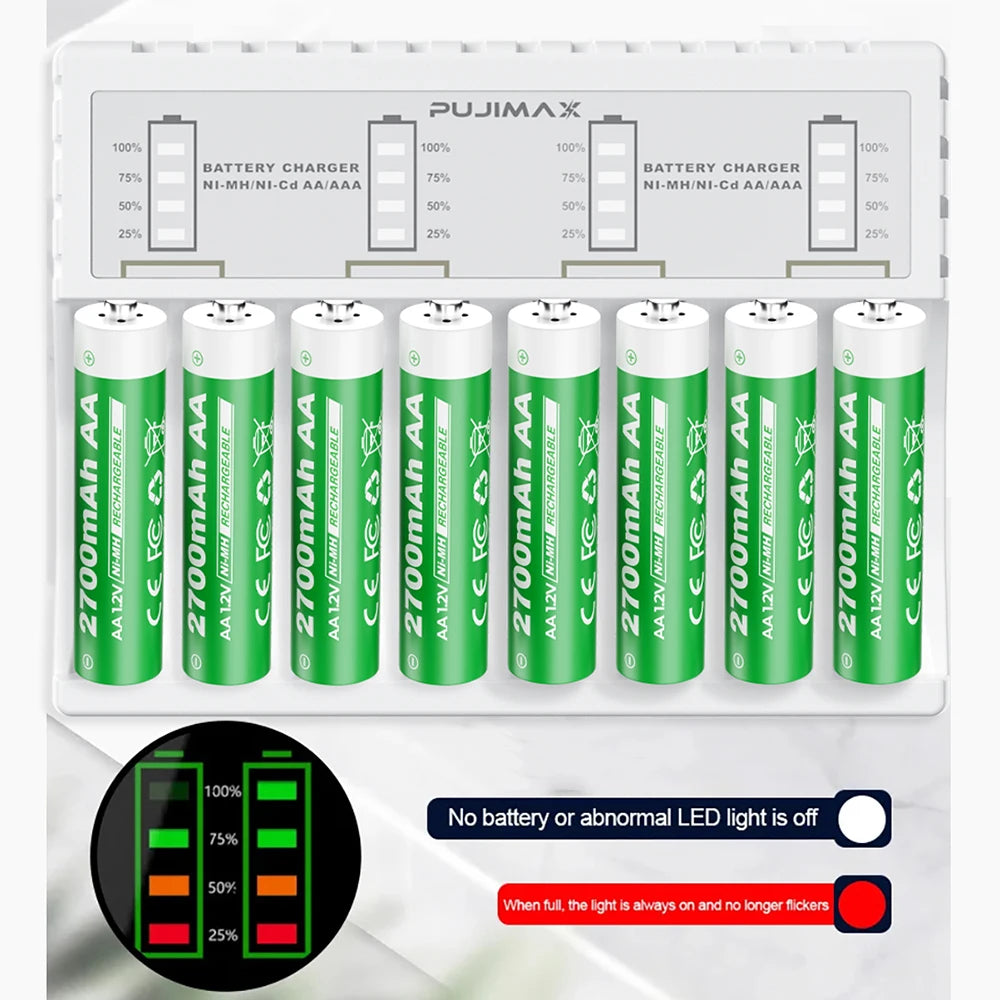 PUJIMAX AA Rechargeable Batteries 2800mAh AAA 1100mAh Battery 8 Slots Charger for AA AAA NiMH Battery Electric Toys Clocks Mice
