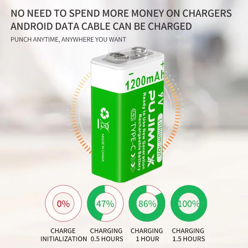 PUJIMAX 9v 1200mAh High Capacity Usb-C Lithium ion Battery Rechargeable Battery with Type-c Cable for Toys Remote Control Camera