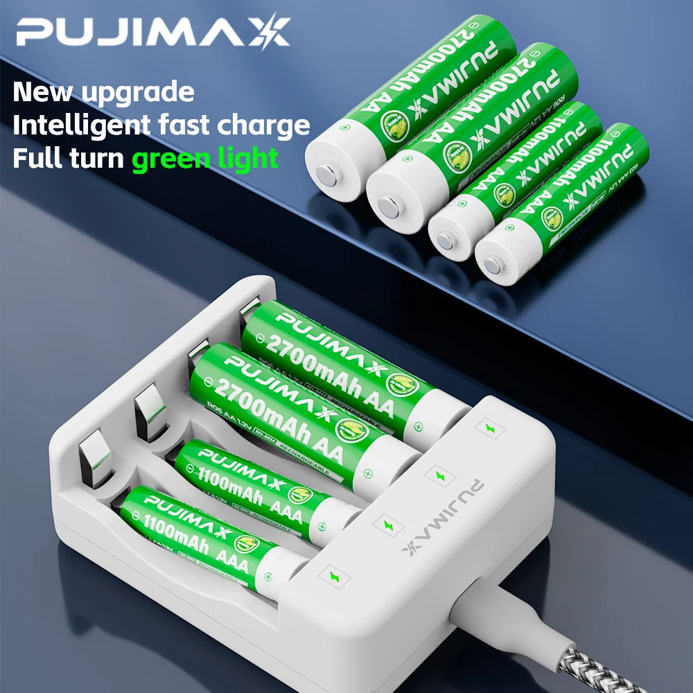 PUJIAMX 4 Slot AA/AAA NI-MH Rechargeable Battery Charger LED Display Batteries Charger +Type C Cable Portable Fast Charging Tool
