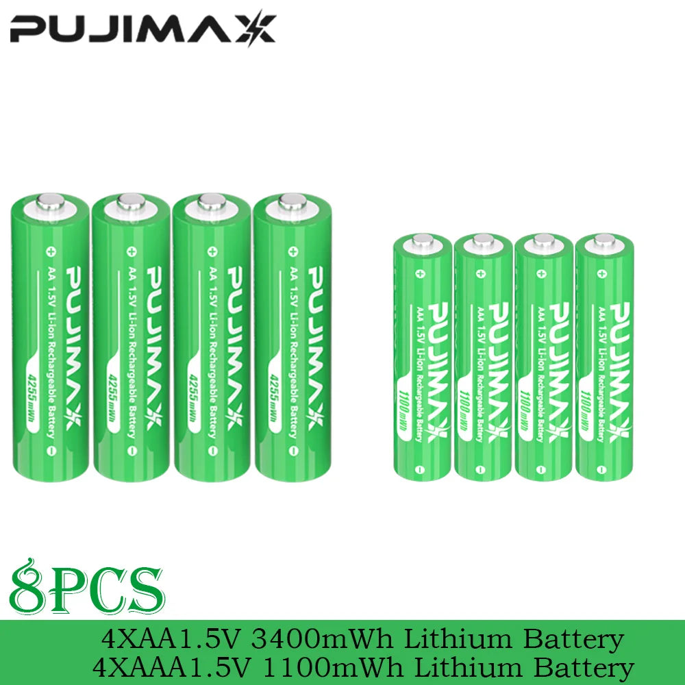 PUJIMAX Smart AA/AAA Lithium Battery Charger Charging 4 AA+4 AAA Rechargeable Li-ion Batteries With High Capacity Battery SET