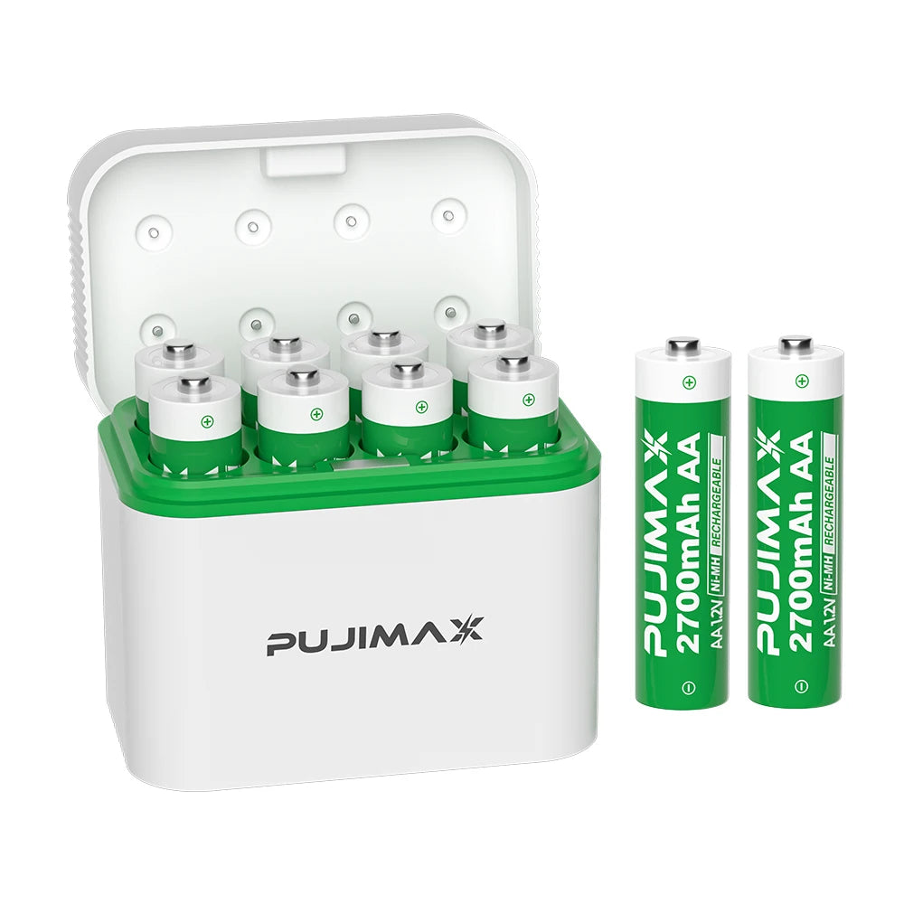 PUJIMAX Smart Charging Case Equipped with 8pcs 1.2V Rechargeable AA High-capacity 2700mAh NiMH Batteries Ni-MH battery kit
