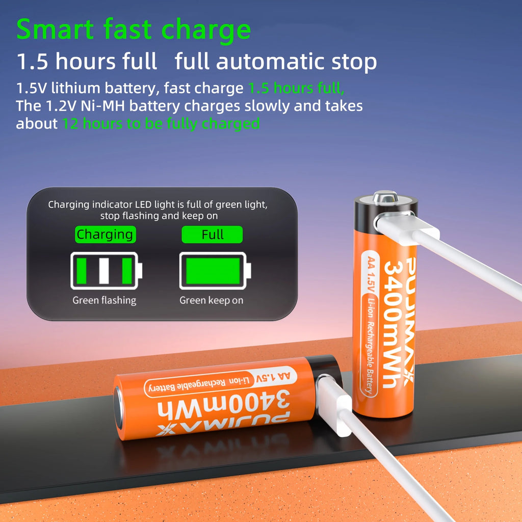 PUJIMAX AA 1.5V 3400mWh Highest Capacity Rechargeable Battery USB Type-C Li-ion Battery For Remote Control Smart Door Lock Toys