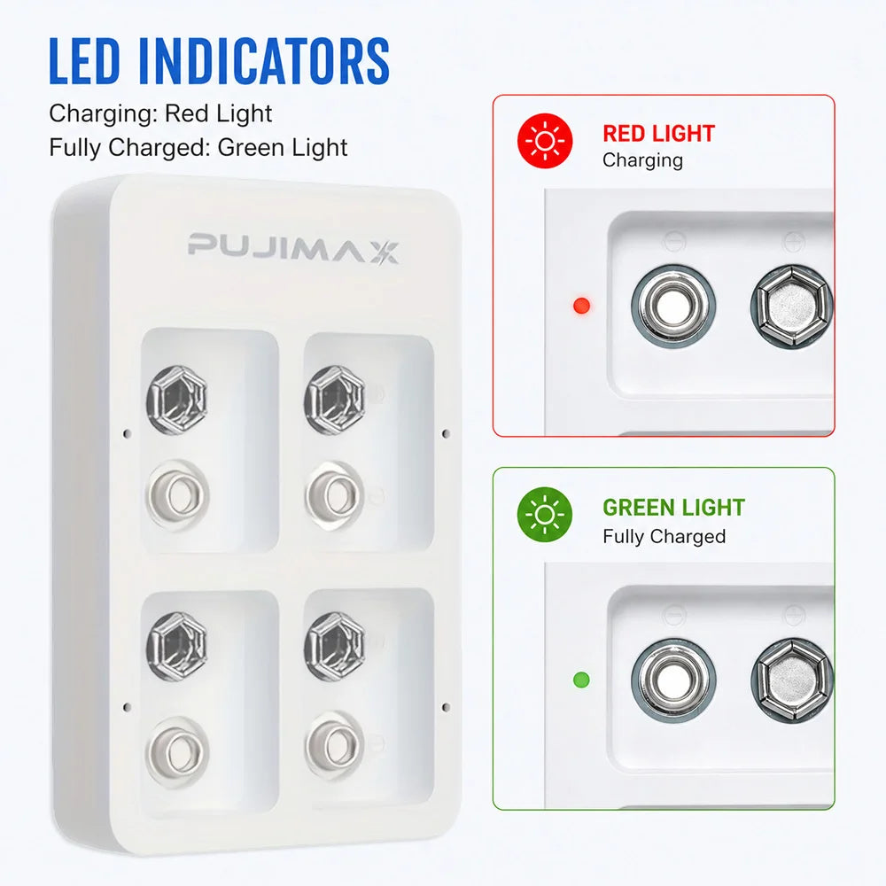 PUJIMAX 4 Slots Smart Fast Battery Charger With LED Indicators USB Cable For 9V Ni-MH/Ni-Cd/Li-ion Rechargeable Batteries
