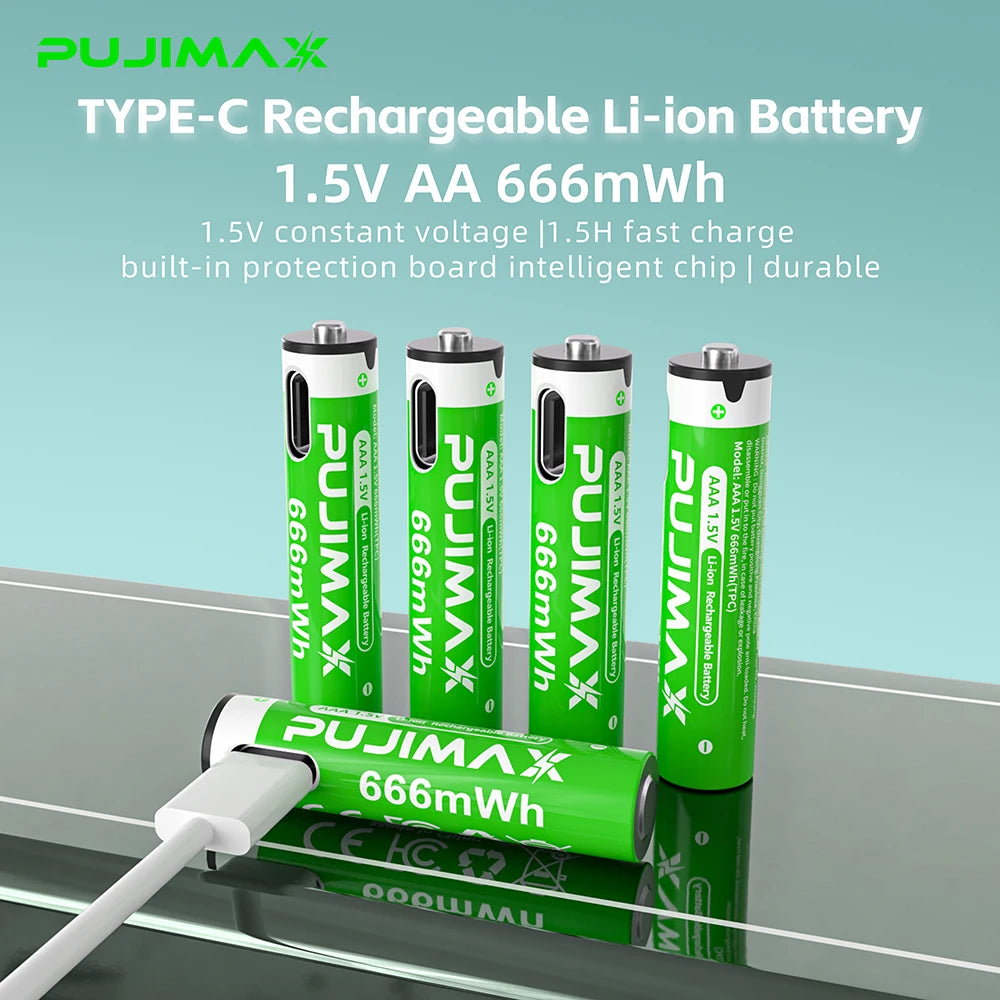 PUJIMAX USB AAA Rechargeable Batteries 1.5V 666mWh li-ion battery for remote control mouse Electric toy battery + Type-C Cable