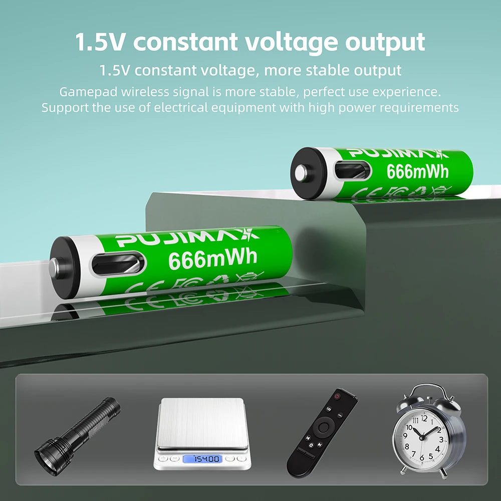 PUJIMAX USB AAA Rechargeable Batteries 1.5V 666mWh li-ion battery for remote control mouse Electric toy battery + Type-C Cable