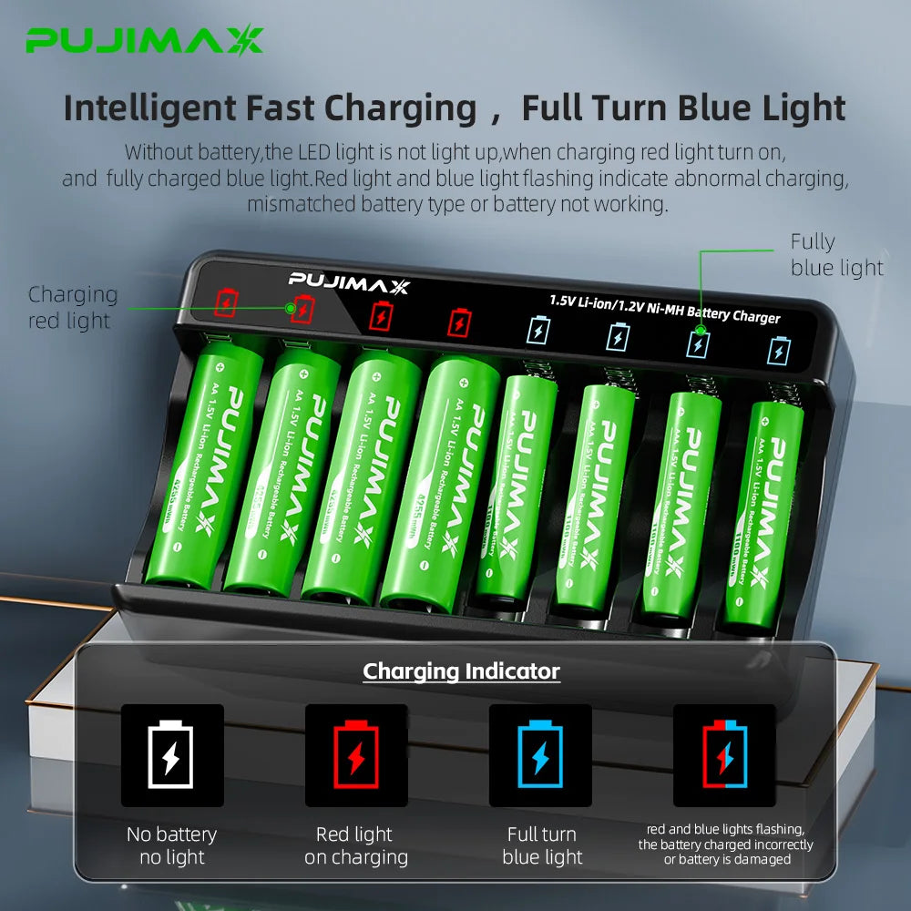 PUJIMAX AA AAA 1.5V Rechargeable Lithium Battery Charger Set Li-ion Battery With Smart Battery Charger Safe Durable