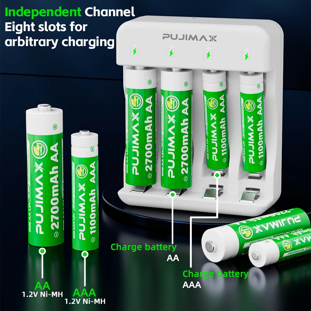 PUJIAMX 4 Slot AA/AAA NI-MH Rechargeable Battery Charger LED Display Batteries Charger +Type C Cable Portable Fast Charging Tool