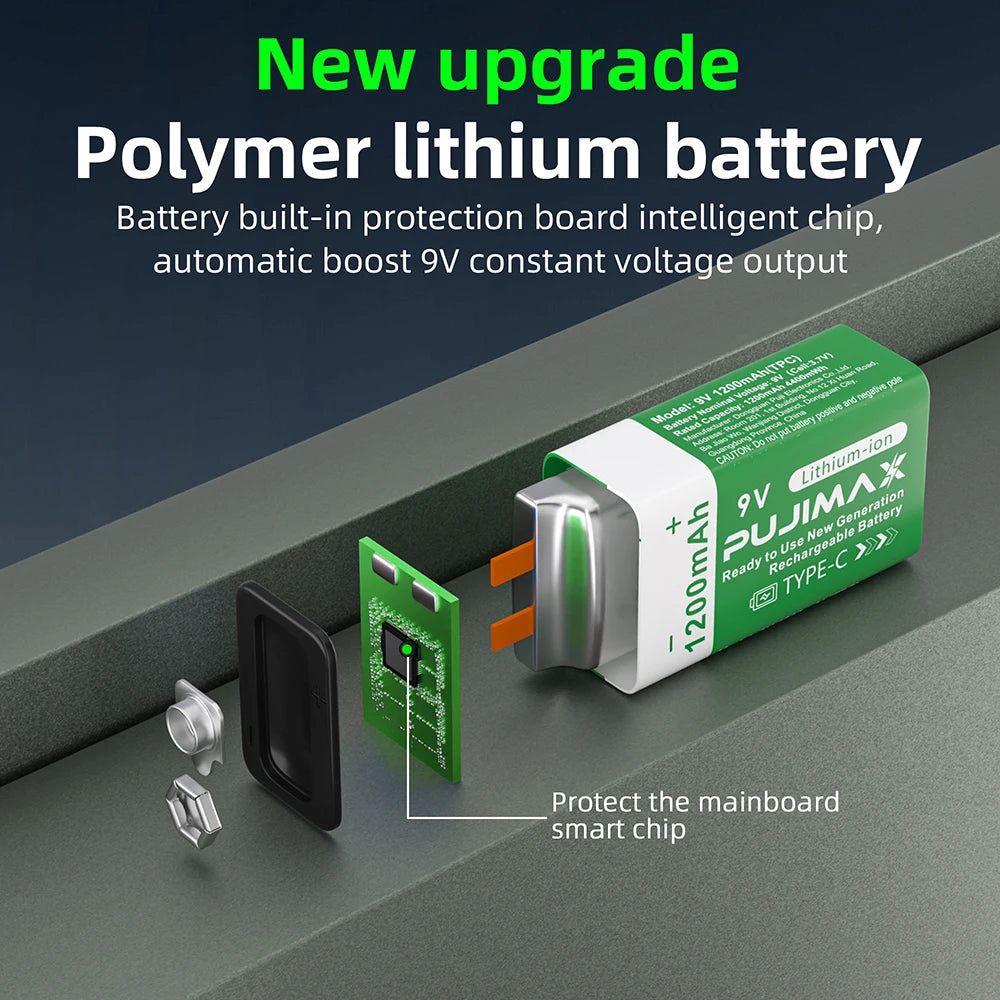 PUJIMAX 9V Rechargeable Lithium Battery 1200mAh with Type-C USB Rechargeable Batteries 6F22 for Multimeter Microphone Toy Guitar