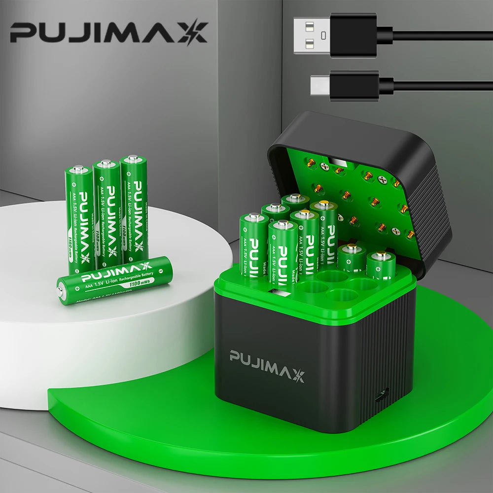 PUJIMAX 4/8/12 Slot 1.5V AAA Li-ion Batteries Charger 1.5V AAA 1100mWh Rechargeable Battery for Mouse Remote Control Clock Radio
