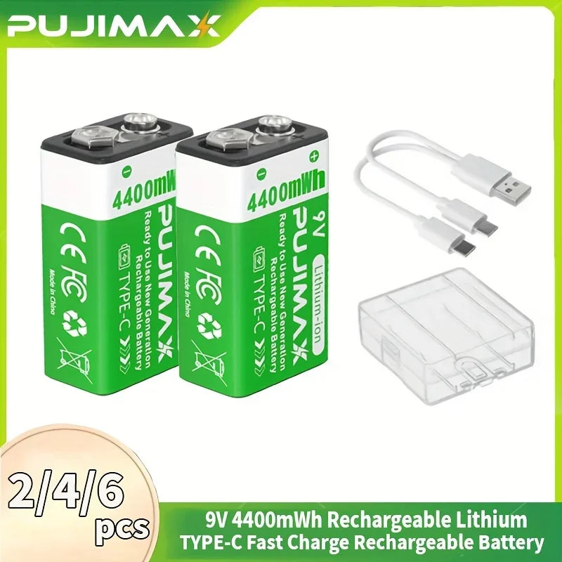 PUJIMAX USB 9V Rechargeable Battery 4400mWh Type-C Rechargeable 6F22 9V Li-ion Battery For RC Helicopeter Model Multimeter Toy