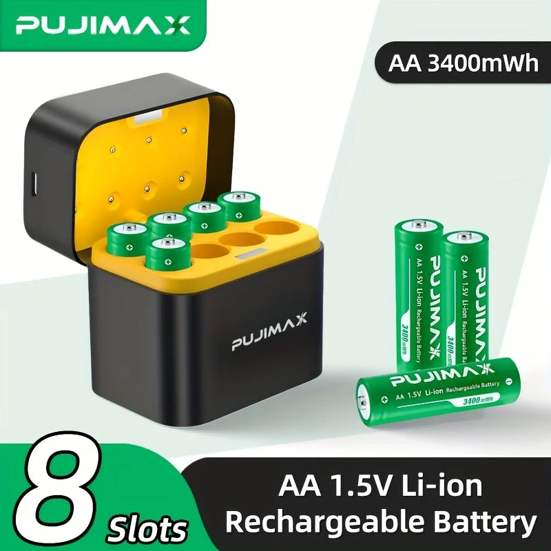 PUJIMAX Li-ion AA Rechargeable Batteries 1.5V AA 3400mWh Lithium-ion Battery+ Charger Clock Radio Video Game Digital Battery