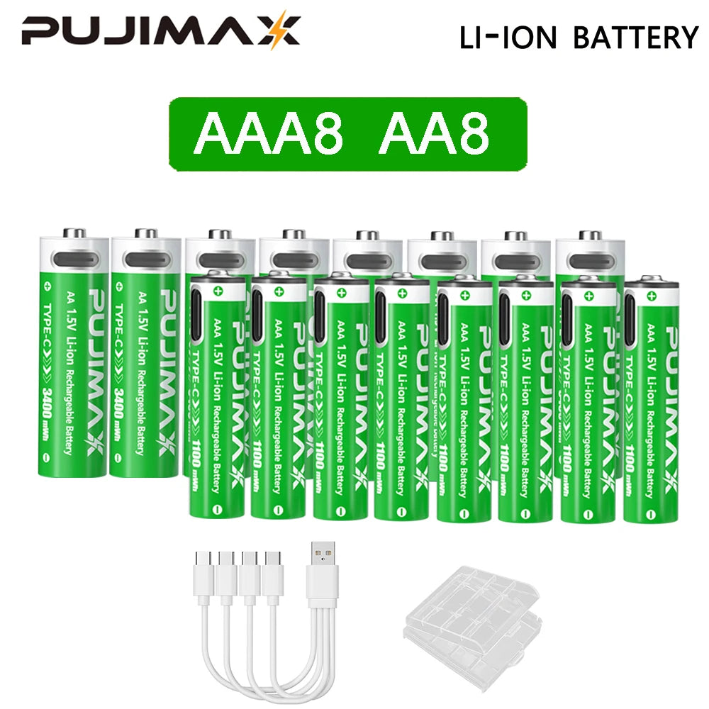 PUJIMAX 1.5V AAA/AA 3400mWh 1100mWh Rechargeable Battery USB Type-C Rechargeable Li-ion Battery For Remote Control Electric Toys