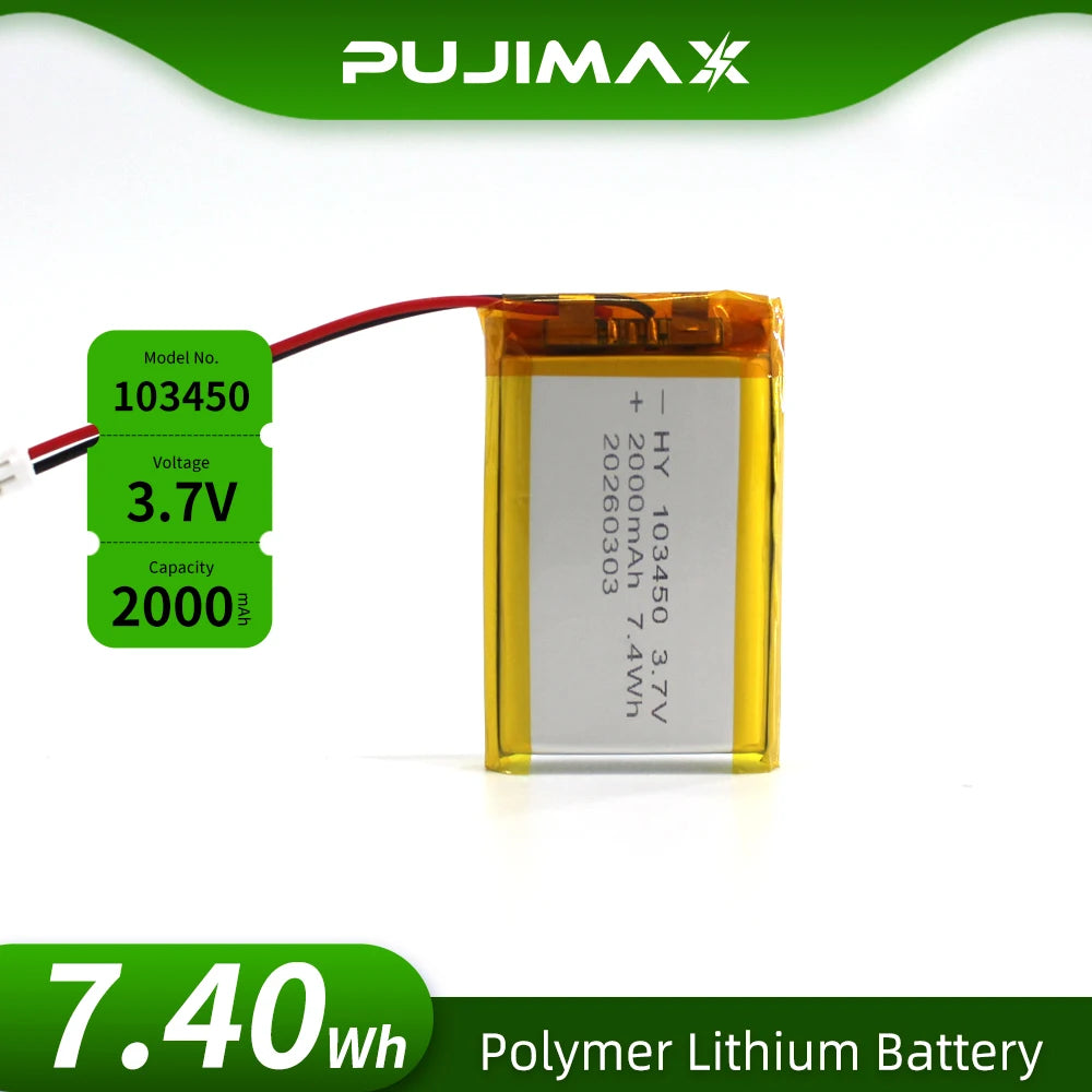 PUJIMAX 103450 3.7V 2000mAh Polymer Lithium Rechargeable Battery with PH 2.0mm 2pin plug for GPS navigator MP5 Bluetooth Headset