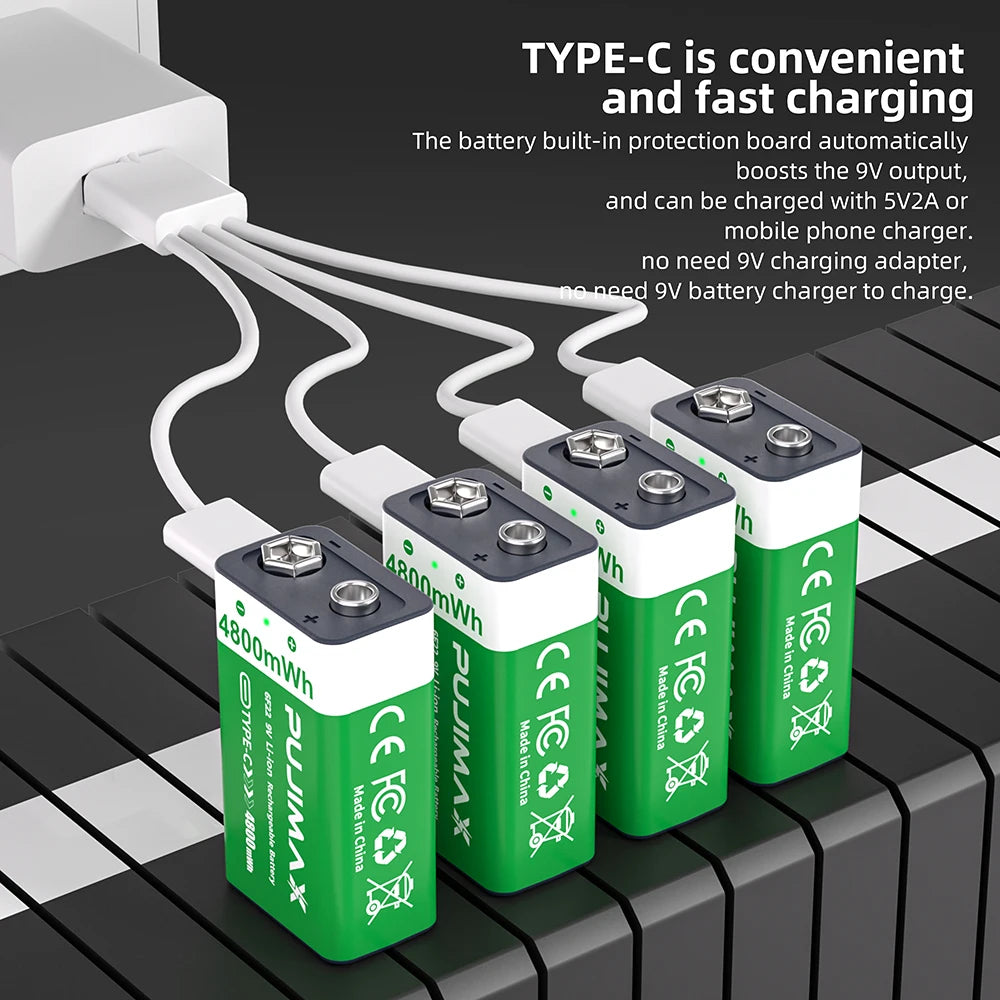 PUJIMAX USB 9V Rechargeable Battery 4800mWh Type-C Rechargeable 6F22 9V Li-ion Battery for RC Helicopeter Model Multimeter Toy
